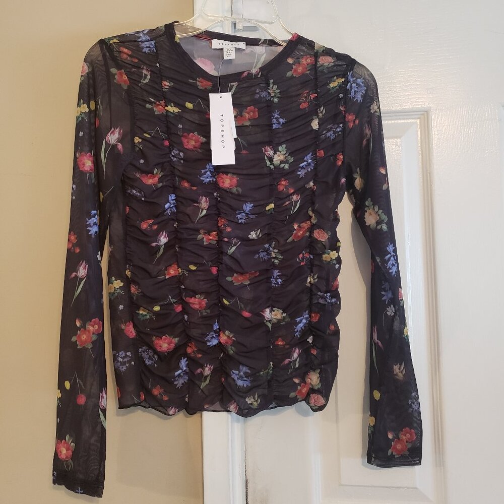 Topshop Floral Ruched Mesh Long Sleeve Top